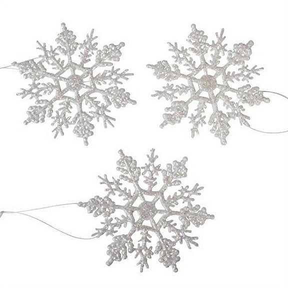 Glitter Snowflake Ornaments: 4 inch Pearlized White Snowflakes