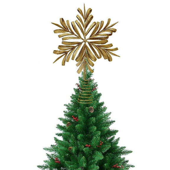 Glitter Snowflake Tree Topper - Gold Sparkling Snowflakes Christmas Tree Toppers Xmas Holiday Trees Top Decoration