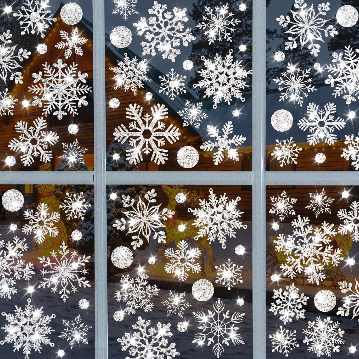 ​Glitter Snowflake Window Stickers 186PCS Christmas Sparkling Snowflake Window Clings Winter Wonderland Decorations Farmhouse Rustic Xmas Snowflake Decorations for Home School Christmas Party