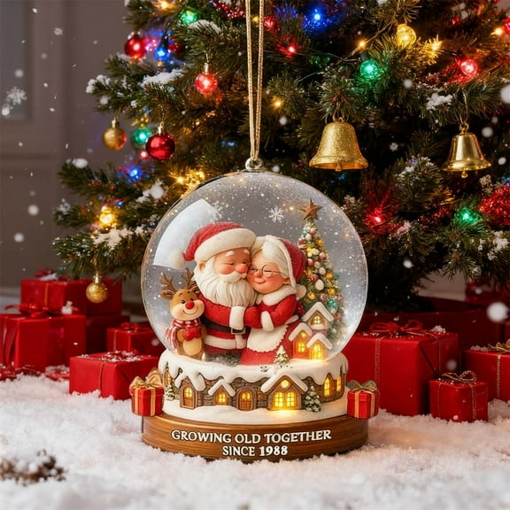 Glitter Snowy Globes Christmas Ornament, Growing Old Together Santa Couple, Musical Snow Globe with Snowflakes, Water Globe Snow Flower Ornament for Christmas Tree, Xmas Surprise Gift for Mom Grandma