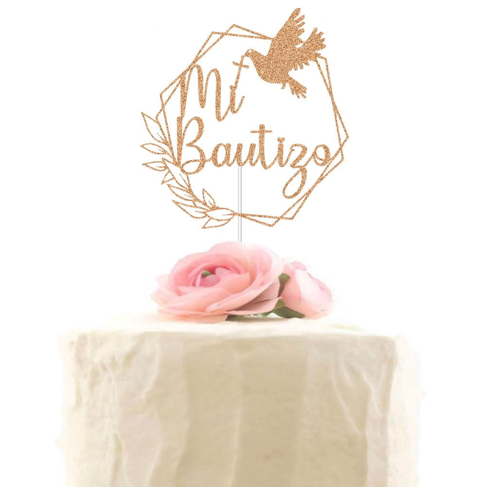 PALASASA Gold Glitter 'Mi Bautizo' Cross Cake Topper - God Bless Me, First Communion, Christening