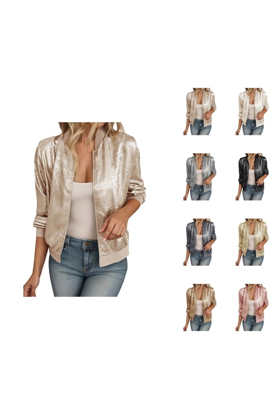 Glitter Sparkle Casual Jacket for Women Long Sleeve Slim Fit Zip Up Patchwork Lightweight Jackets Clubwear Outerwear