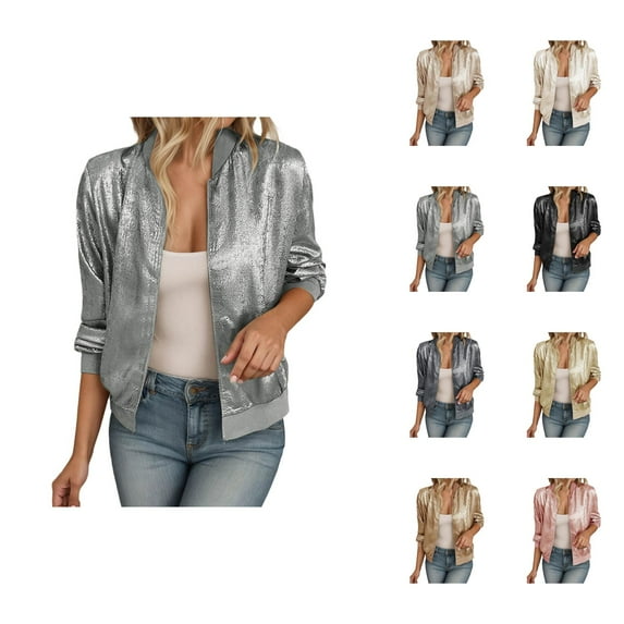 Glitter Sparkle Casual Jacket for Women Long Sleeve Slim Fit Zip Up Patchwork Lightweight Jackets Clubwear Outerwear