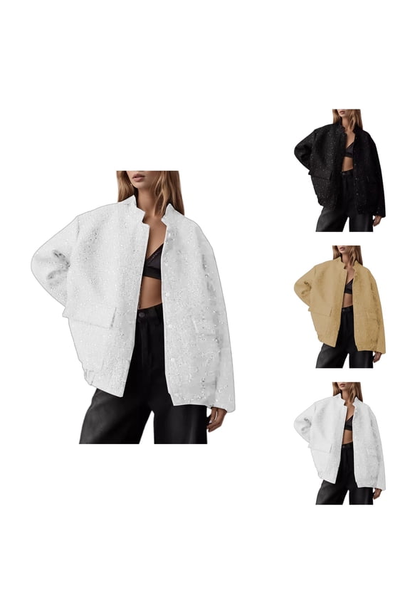 Glitter Sparkle Casual Jacket for Women Long Sleeve Stand Collar Button Cardigan Jackets with Pockets Outerwear
