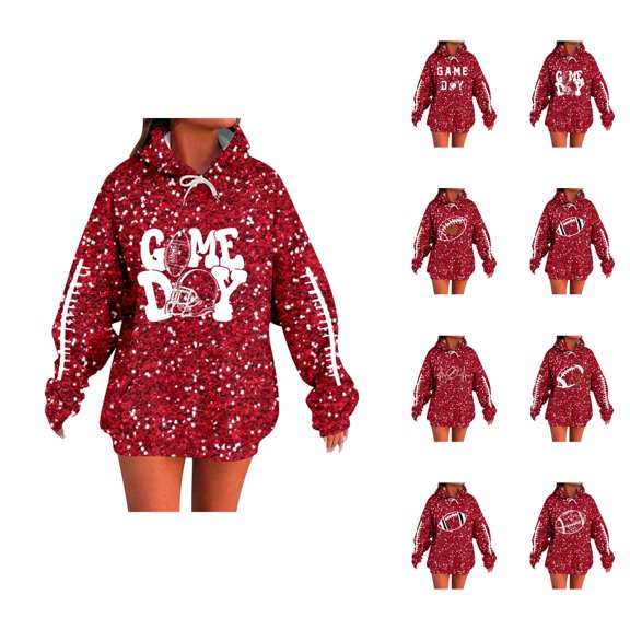 Glitter Sparkle Football Hoodies for Women Fall Winter Casual Sequins Hooded Sweatshirt with Pockets Y2K Pullover Tops