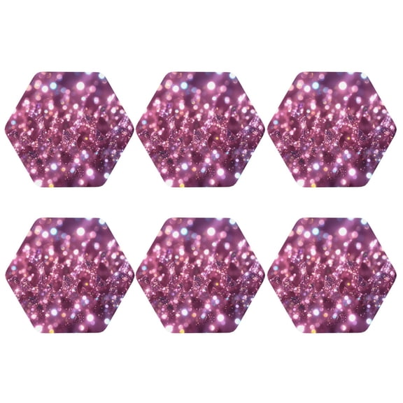 Glitter Sparkles Shimmer Set of 6 Faux Leather 4 Inch Coasters Drinks Tabletop Home Dinning Hexagon