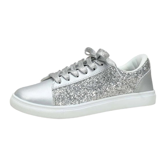 Glitter Sparkly Low Top Sequins Lace Up Tennis Shoes Shiny Walking Shoes Color Silver Size 38
