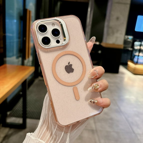 Glitter Sparkly TPU Case for iPhone 15, Ultra Slim Lightweight Cover with Metal Camera Frame Kickstand, MagSafe Compatible, Anti-Scratch & Drop Protective & Shockproof & Anti-Yellow, Pink