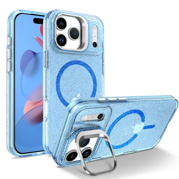 Glitter Sparkly TPU Case for iPhone 17 Pro, Ultra Slim Lightweight Cover with Metal Camera Frame Kickstand, MagSafe Compatible, Anti-Scratch & Drop Protective & Shockproof & Anti-Yellow, Blue