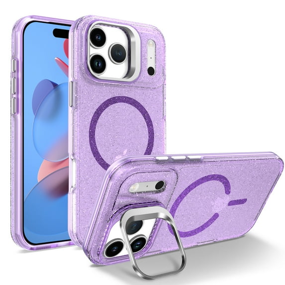 Glitter Sparkly TPU Case for iPhone 17, Ultra Slim Lightweight Cover with Metal Camera Frame Kickstand, MagSafe Compatible, Anti-Scratch & Drop Protective & Shockproof & Anti-Yellow, Purple