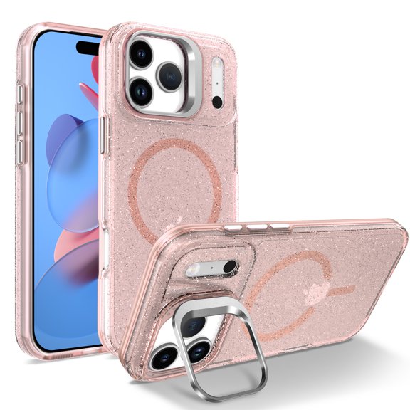 Glitter Sparkly TPU Case for iPhone 17, Ultra Slim Lightweight Cover with Metal Camera Frame Kickstand, MagSafe Compatible, Anti-Scratch & Drop Protective & Shockproof & Anti-Yellow, Pink