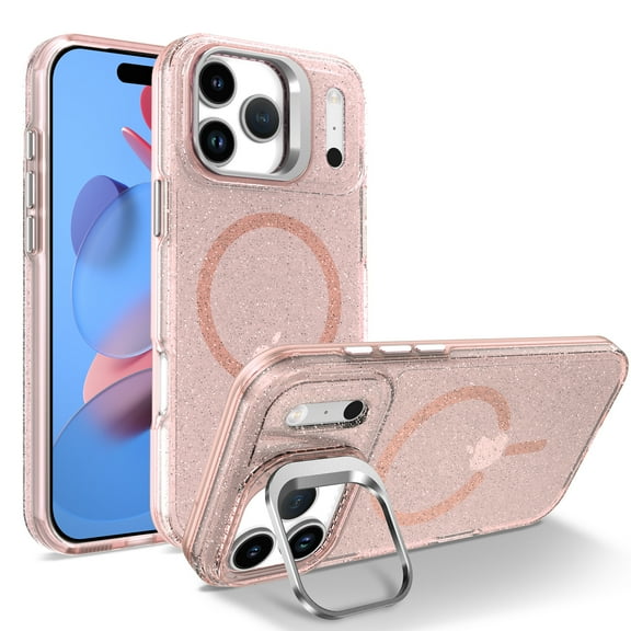 Glitter Sparkly TPU Case for iPhone Air, Ultra Slim Lightweight Cover with Metal Camera Frame Kickstand, MagSafe Compatible, Anti-Scratch & Drop Protective & Shockproof & Anti-Yellow, Pink