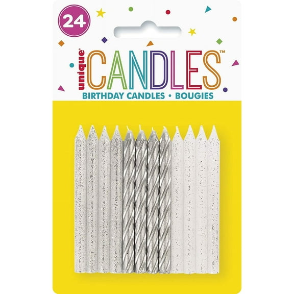 Glitter & Spiral Party Candles - 3.5 | Silver | 24 Pcs