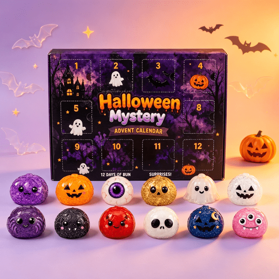 Glitter Squishy Stress Ball Advent Calendar, 12 Days Halloween Countdown Mystery Toy Pack – Soft Squeeze Fidget Figurine, Festive Companion for Party & Home Display