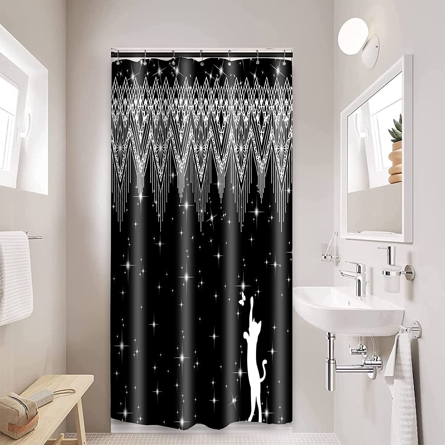 Glitter Stall Bath Shower Curtain Black Bobo Fringe Geometric Bathroom Curtain Water-Repellent Fabric with Hook Size 36"x72" Shower Curtains for Home Bathtubs Decoration