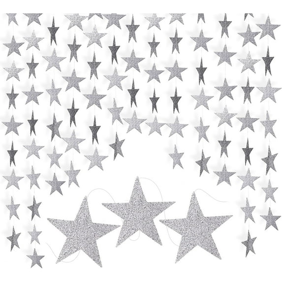 Glitter Star Garland Decoration,Bexikou 52 Feet Silver Star Paper Hanging Garland,Reflective Sparkle Little Star Paper Hanging Decorations for Engagement Wedding Baby Shower Birthday Christmas