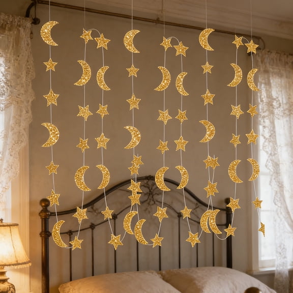 Glitter Star Hanging Party Decorations for Ceiling and Wall, Black Blue Gold Streamer Ornaments for Birthday, Wedding, Christmas, Baby Shower, Festival Decor 118 Inch Set