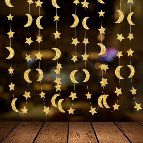 Glitter Star Moon Garland Banner Decor, 10 Feet Star Hanging Bunting Banner Gold Bright Moon Paper Garland for Graduation Class Congrats Grad Eid Muburak Party Decoration