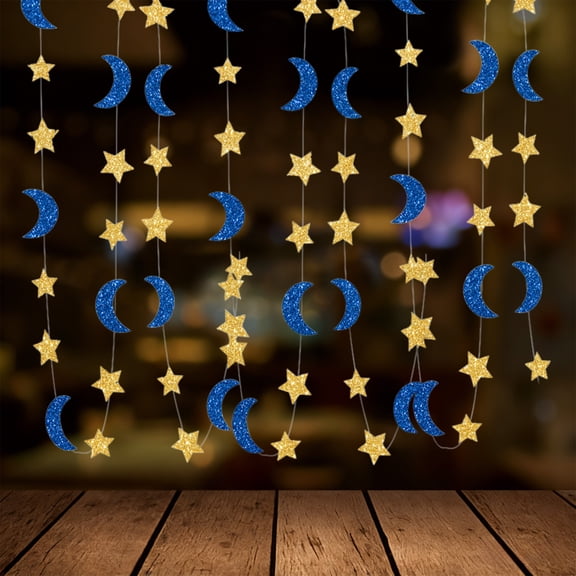 Glitter Star Moon Garland Banner Decor, 10 Feet Star Hanging Bunting Banner Gold Bright Moon Paper Garland for Graduation Class Congrats Grad Eid Muburak Party Decoration