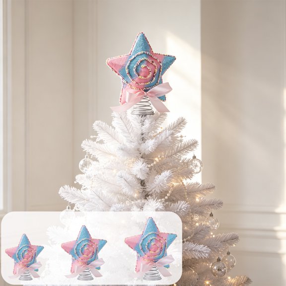 Glitter Star Tree Topper, Beaded Gradient Star with Pin K Bow, Metal Spring Base for Tree Top or Table Centerpiece, Sweet Xmas Holiday Decor, Lazyguy