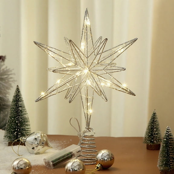 Glitter Star Tree Topper - Christmas Sparkly Metal 3-D Dimensional Hallow Wire Star Xmas Tree Top Decor Ornament Decorations for Trees