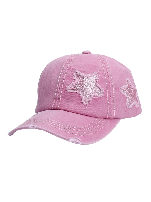 Glitter Star Washed Cotton Baseball Cap for Women&Men Vintage Distressed Denim Ponytail Hat Star Patch Y2K Aesthetic Unstructured Low Profile Hat Adjustable Dad Hat Sun Visor Asual Outdoor Sports Hat