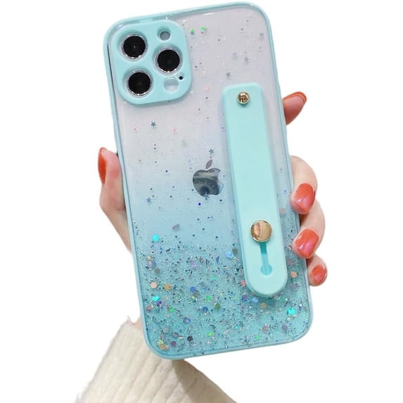 Glitter Star Wrist Strap Bracket Phone Case, Handheld Not Easy to Fall, Hidden Bracket, Anti-Drop, for iPhone 15 14 13 12 11 Pro Max Plus Mini XS XR X 7 8 SE Phone Case (Blue,iPhone 12 Pro)