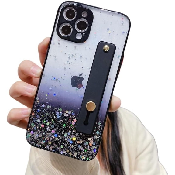 Glitter Star Wrist Strap Bracket Phone Case, Handheld Not Easy to Fall, Hidden Bracket, Anti-Drop, for iPhone 15 14 13 12 11 Pro Max Plus Mini XS XR X 7 8 SE Phone Case (Black,iPhone 15 Pro Max)