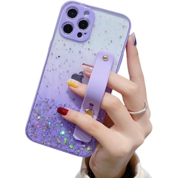 Glitter Star Wrist Strap Bracket Phone Case, Handheld Not Easy to Fall, Hidden Bracket, Anti-Drop, for iPhone 15 14 13 12 11 Pro Max Plus Mini XS XR X 7 8 SE Phone Case (Purple,iPhone Xs Max)