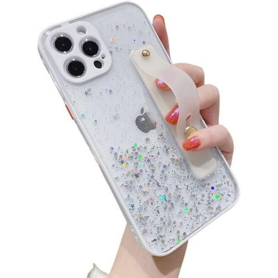 Glitter Star Wrist Strap Bracket Phone Case, Handheld Not Easy to Fall, Hidden Bracket, Anti-Drop, for iPhone 15 14 13 12 11 Pro Max Plus Mini XS XR X 7 8 SE Phone Case (Transparent,iPhone 8P/7P)