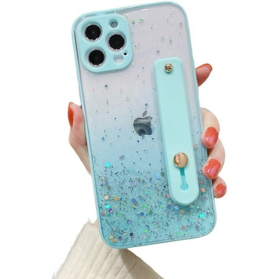 Glitter Star Wrist Strap Bracket Phone Case, Handheld Not Easy to Fall, Hidden Bracket, Anti-Drop, for iPhone 15 14 13 12 11 Pro Max Plus Mini XS XR X 7 8 SE Phone Case (Blue,iPhone 14 Plus)
