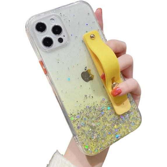 Glitter Star Wrist Strap Bracket Phone Case, Handheld Not Easy to Fall, Hidden Bracket, Anti-Drop, for iPhone 15 14 13 12 11 Pro Max Plus Mini XS XR X 7 8 SE Phone Case (Yellow,iPhone 12)