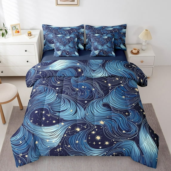 Glitter Stars 7 Pcs Comforter Set King Size,Cartoon Bedding,Geometric Striped Gradient Sheet Set Bed In A Bag Dreamy Fluid Lines Navy Blue Ombre Bed Set