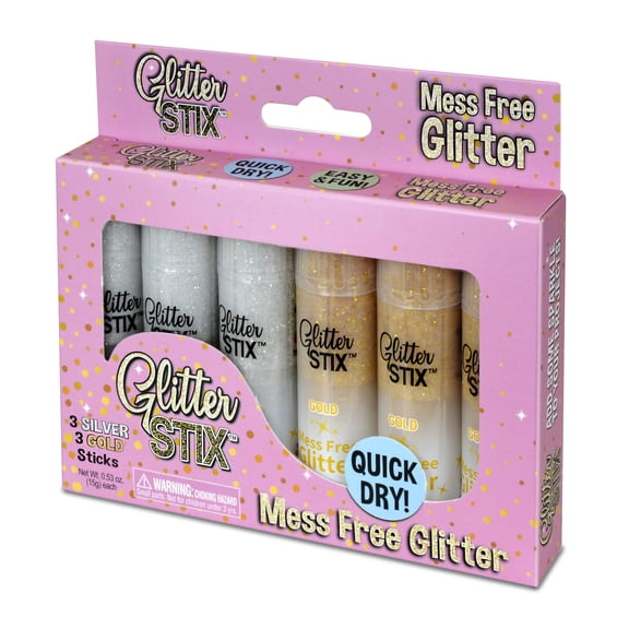 Glitter Stix, Mess Free Glitter, Gold & Silver, Set of 6