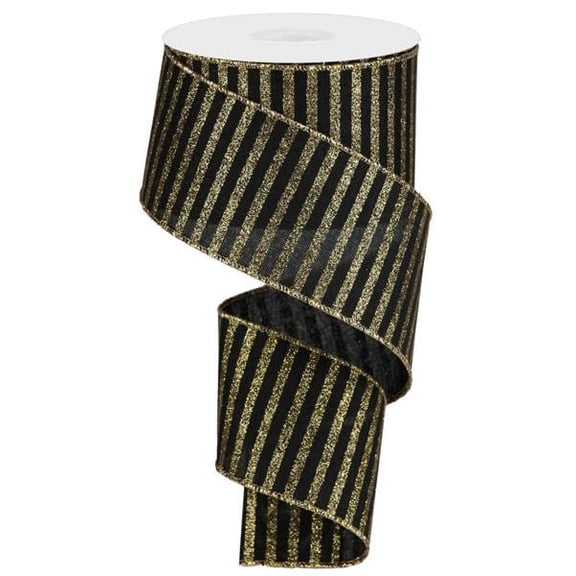 Glitter Stripe On Royal Wired Ribbon, Black Gold - 2.5 Inches x 10 Yards (30 Feet)