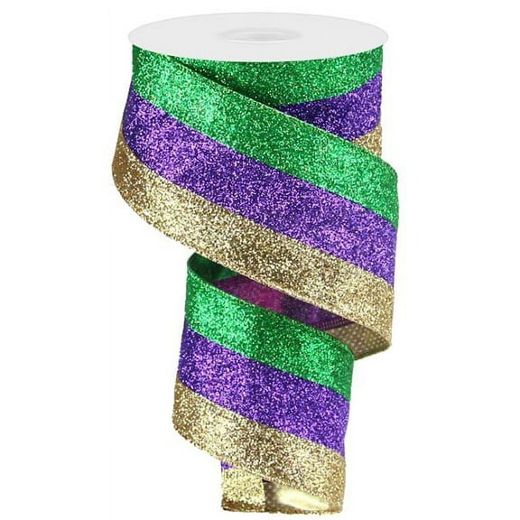 Glitter Striped Mardi Gras Ribbon - 2 1/2" x 10 Yards, Wired Edge, Sparkling Purple, Green & Gold, Easter, Christmas, Wreath, Bows