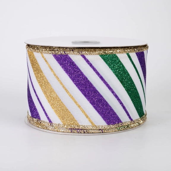 Glitter Striped Mardi Gras Ribbon - 2 1/2" x 10 Yards, Wired Edges, Purple, Green & Gold Stripes, Bows, Gifts, Wreath, Easter, Fat Tuesday, Carnival, Spring, Christmas