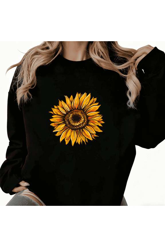 Glitter Sunflower Graphic Casual Commuting Tee T-Shirt Print Top Round-neck long-sleeved Black S-3XL