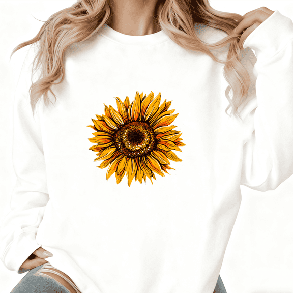 Glitter Sunflower Graphic Casual Commuting Tee T-Shirt Print Top Round-neck long-sleeved white S-3XL