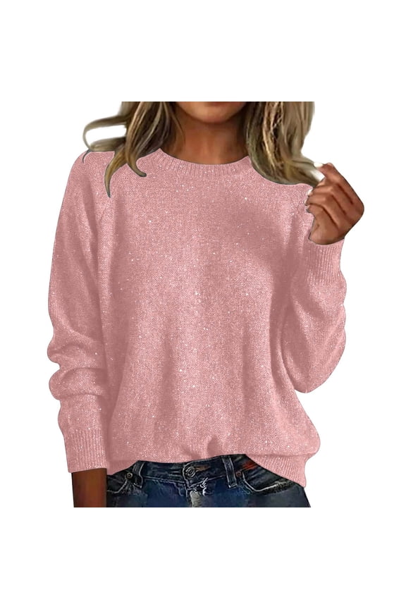 Glitter Sweatshirts Cozy Sweaters for Women Dressy Crew Neck Knitted Sequin Tops Soft Holiday Elegant Glitter Pullover Tops