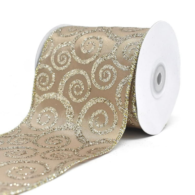 Glitter Swirl Taffeta Wired Edge Christmas Ribbon, Champagne, 4-Inch,  10-Yard 