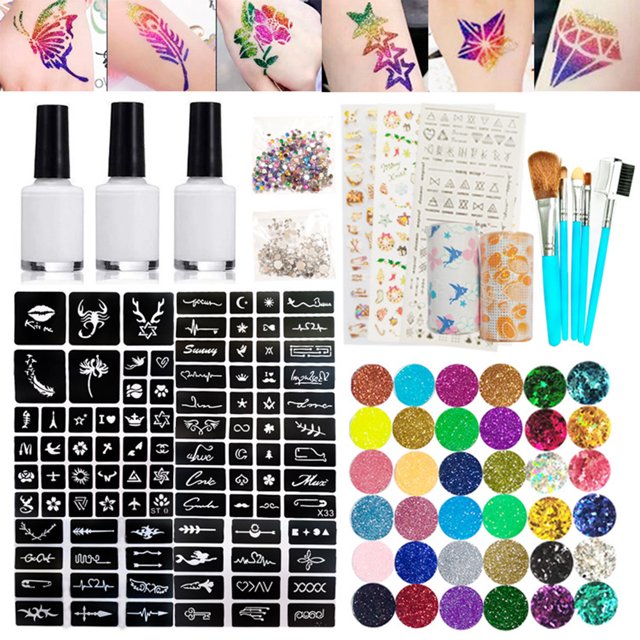 Glitter Tattoo Kit Temporary Tattoo Set 24 Glitter Colors 93 Patterns Templates Body Nail