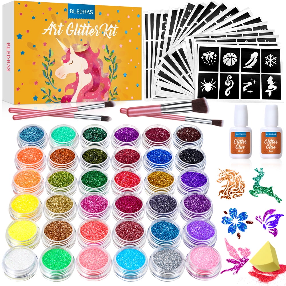 Bledras Kids Glitter Tattoo Kit, 36 Colors, 178 Stencils, 4 Brushes, 2 ...