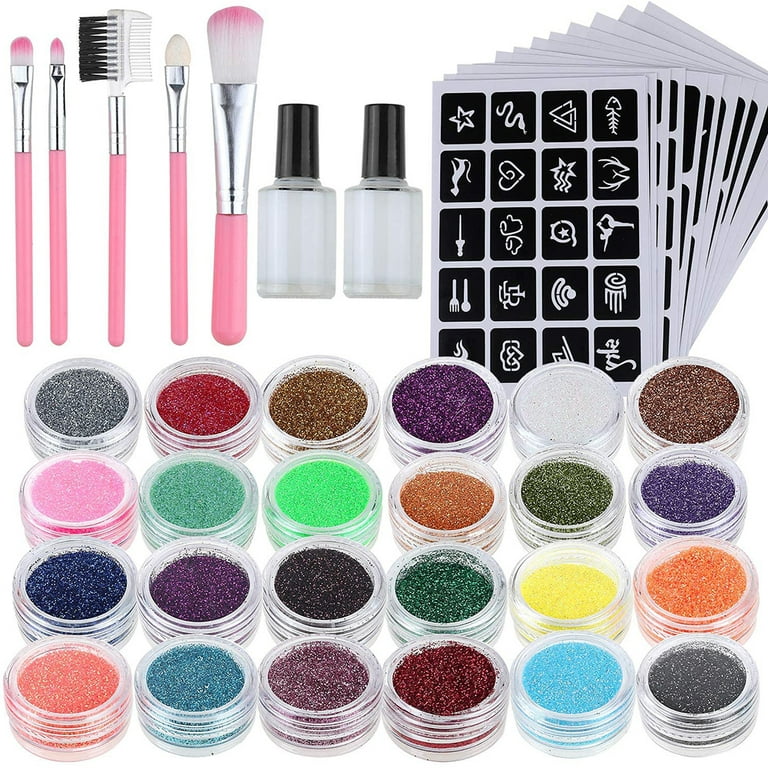 ROUQIUYA Temporary Glitter Tattoo Kids 48 Colors, 209 Unique Stencils, 4  Glue, 5 Brushes, Body Nail Arts Glitter Makeup Kit, Gifts for Girls Boys