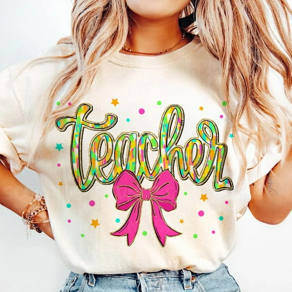 Glitter Teacher Coquette Bow T-Shirt, Colorful Teacher T-Shirt, Back to School Tee, Cute Teacher Gift T-Shirt, Brushstroke Style T-Shirt