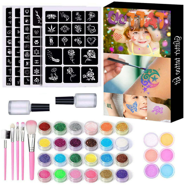 Glitter Temporary Tattoo Kit for Kids, 24 Large Glitter Colors and 6  Fluorescent Colors, 108 Stencils, Glow in The Dark Body Nail Art, Festival  Party