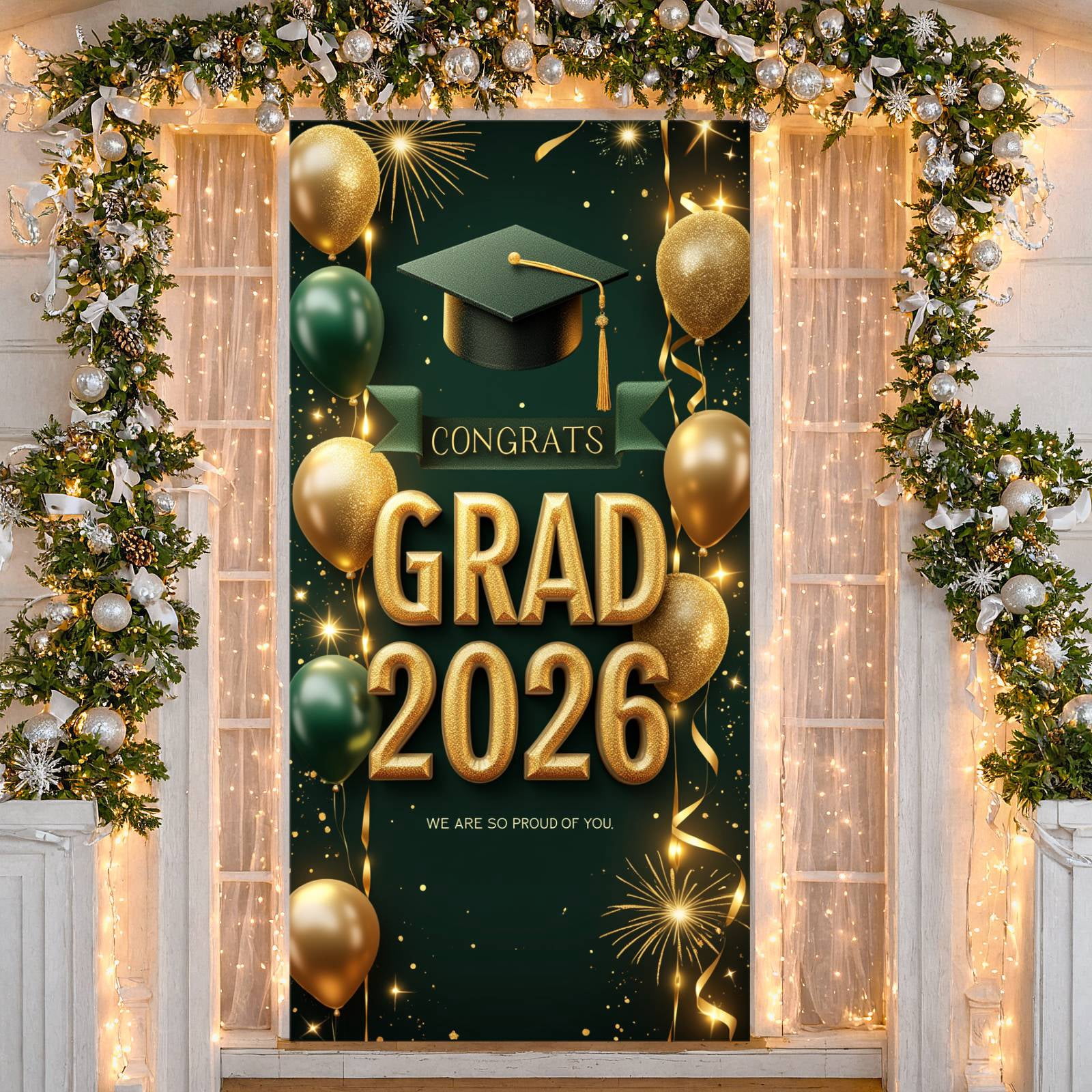 Grad Display Glitter Texture Congrats Grad Banner Green Gold Graduation Backdrop ...