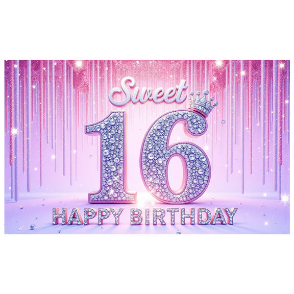Glitter Theme Sweet 16 Birthday Banner Decorative Design Gemstone Accents Party Decoration for Birthday Party Celebration Photo Shoot