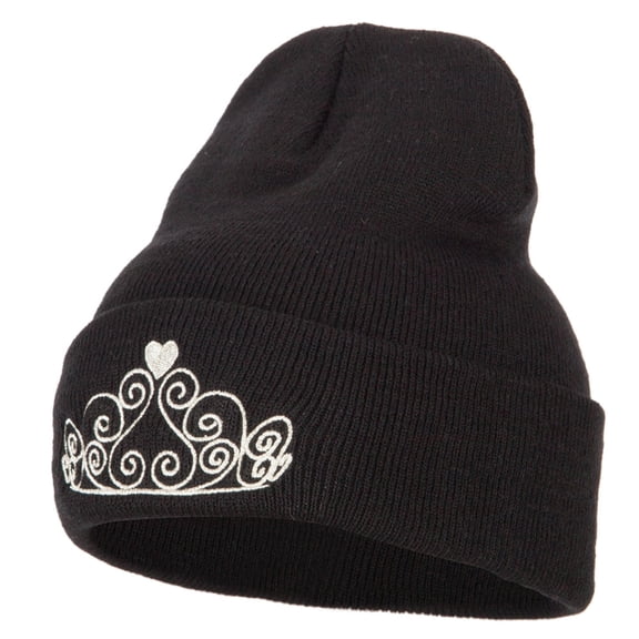 Glitter Tiara Embroidered Knitted Long Beanie - Black OSFM