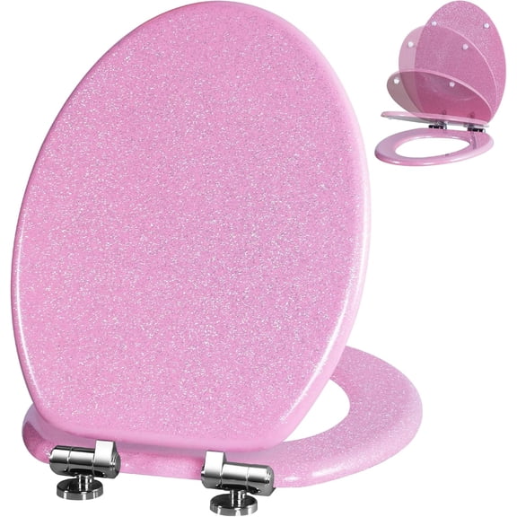 Glitter Toilet Seat Molded Wood Elongated Toilet Seat with Quietly Close and Quick Release Hinges, Easy to Clean also Easy to Install (Elongated 18.5'', Pink)